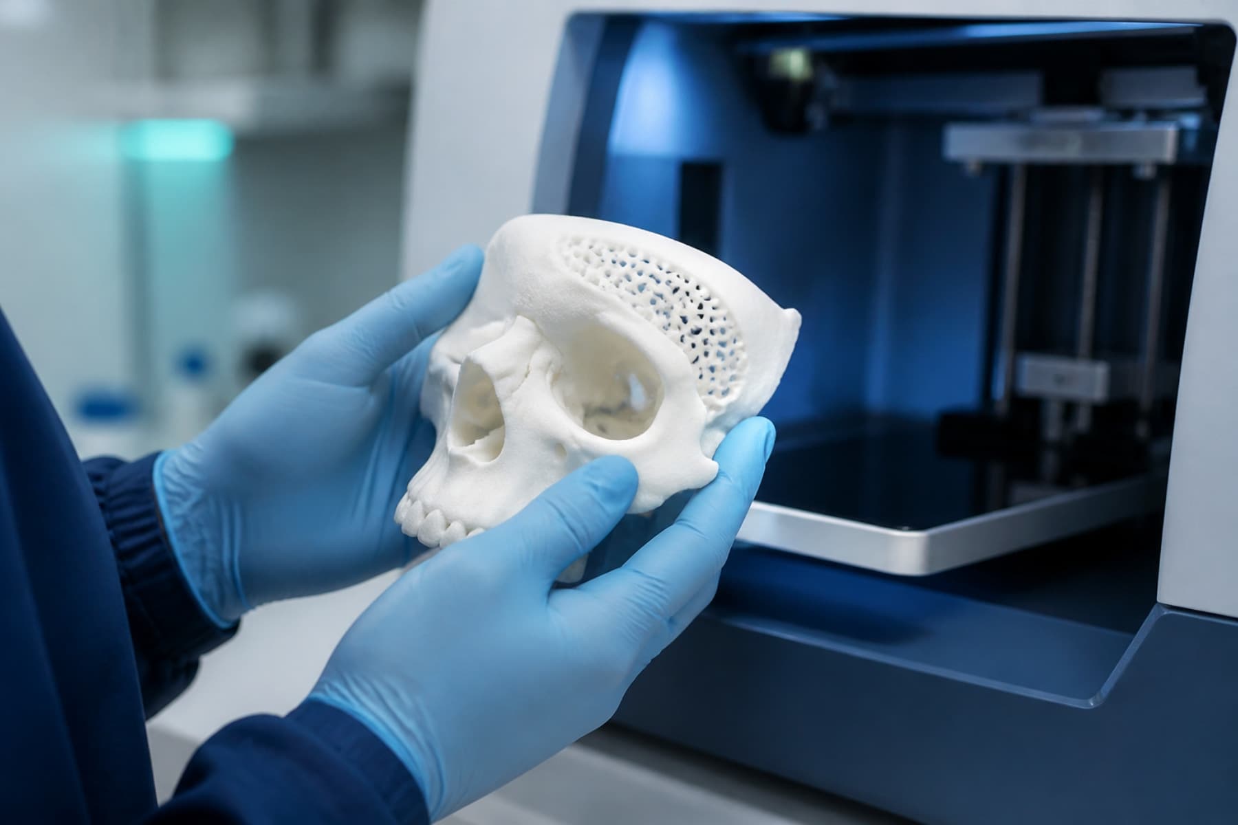 Modelo anatómico de cráneo impreso en 3D, junto a la impresora