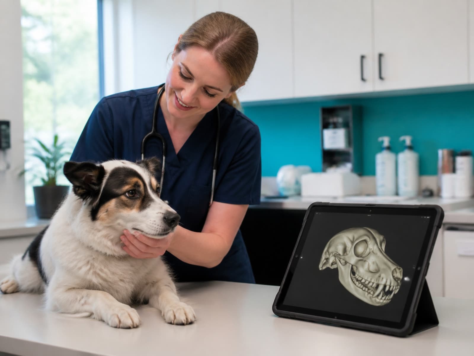 Veterinaria examina a un perro junto a la reconstrucción 3D de su cráneo